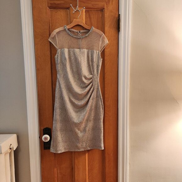 Lauren Ralph Lauren Evening Gold Dress w/ Sheer Bodice, Neck Embellishment Sz 8 - Picture 6 of 15